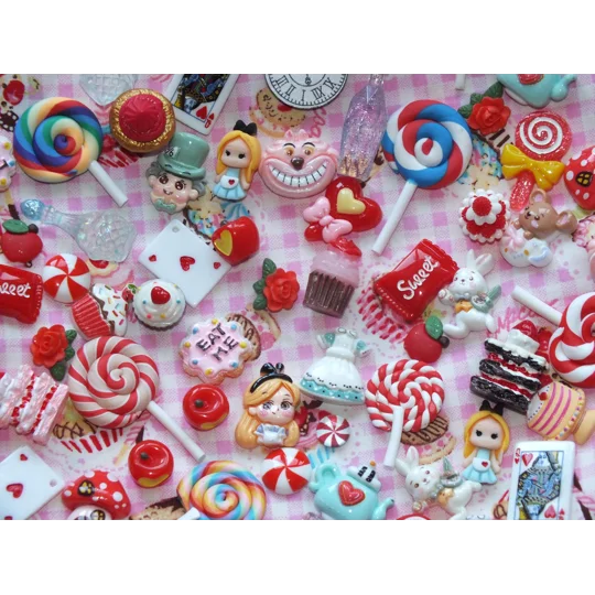 50 Pcs Wonderland Resin Clay Wood Flatback & 3D Cabochons Craft Charms Playing Cards Eat Me Cake