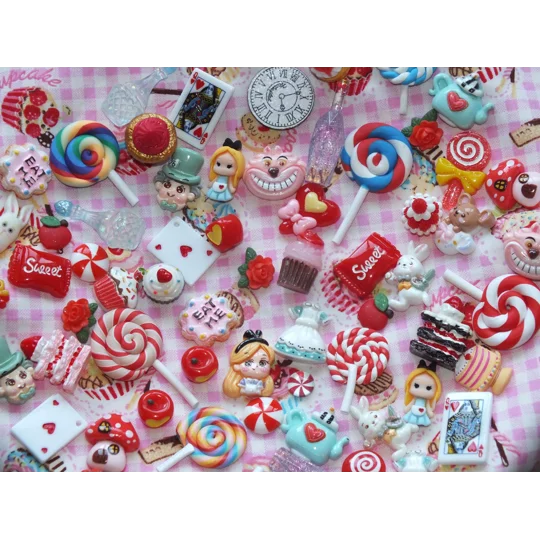 50 Pcs Wonderland Resin Clay Wood Flatback & 3D Cabochons Craft Charms Playing Cards Eat Me Cake