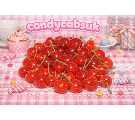 6pcs SO REALISTIC Fake Food Resin 3D Cherry with Stems Sparkling Glitter Design Real Size Real Colou