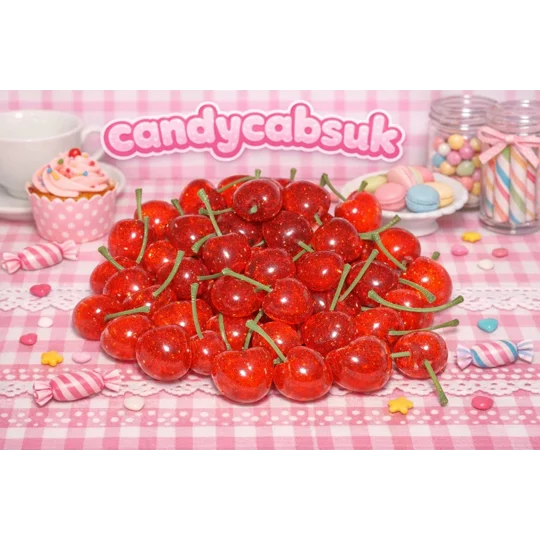 6pcs SO REALISTIC Fake Food Resin 3D Cherry with Stems Sparkling Glitter Design Real Size Real Colou