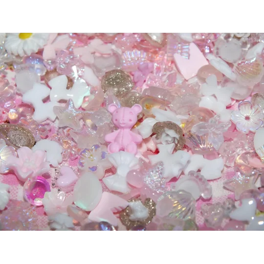 50 Pcs Mixed Tiny Pink & White Mix Bows Flowers Bear Shells Nail Art Charms Resin Craft DIY
