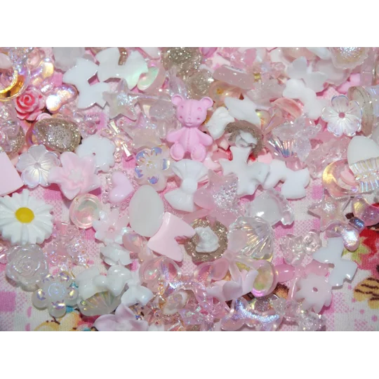50 Pcs Mixed Tiny Pink & White Mix Bows Flowers Bear Shells Nail Art Charms Resin Craft DIY
