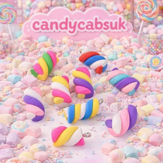 10 Pcs Mixed Handmade Polymer Clay Swirl Flump Sweets Candy Charms With Loop/Hook Fake Marshmallow F