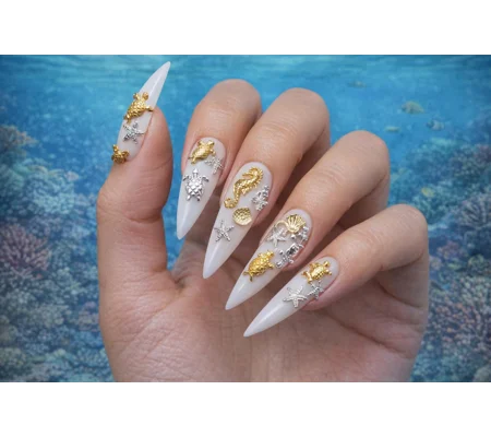 100 Pcs Mixed Tiny Alloy Metal Gold & Silver Seahorse Shell Palm Tree "On the beach" theme nail art