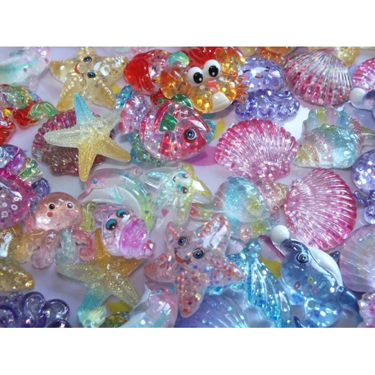 Ocean Theme 50 Pcs Bulk Buy Wholesale Fish Octopus Mermaid Shells Starfish Crab Glitter Resin Caboch