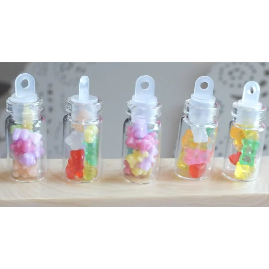 5 Tiny Real Glass Bottle Filled with TEENY TINY bears fake candy sweets