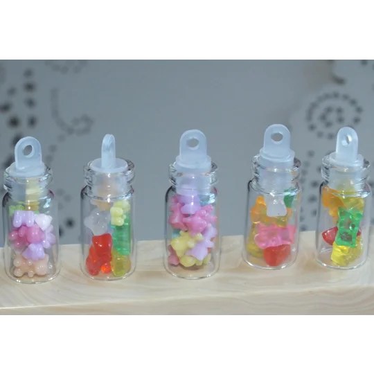 5 Tiny Real Glass Bottle Filled with TEENY TINY bears fake candy sweets