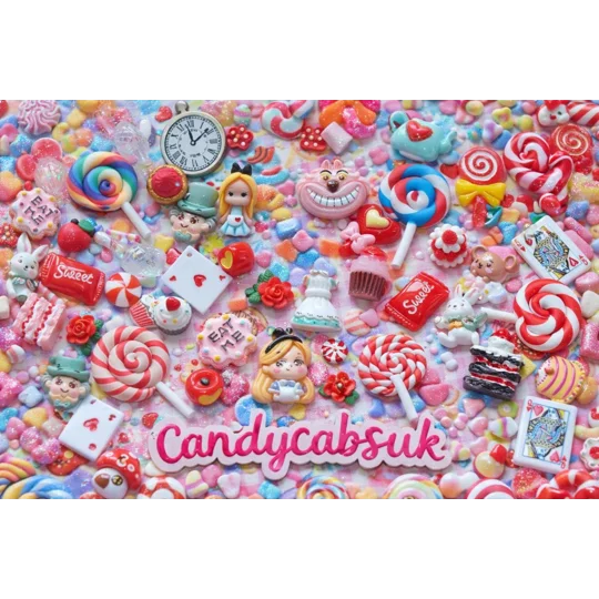 50 Pcs Wonderland Resin Clay Wood Flatback & 3D Cabochons Craft Charms Playing Cards Eat Me Cake