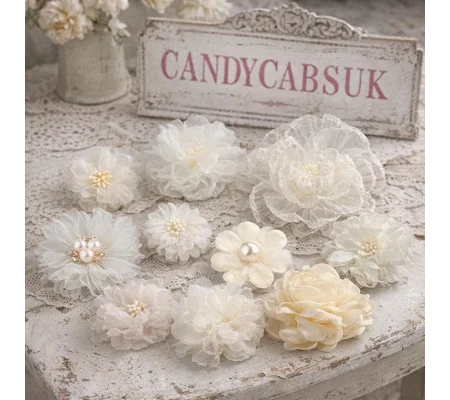 10 pieces Colours/Designs Mix Shabby Chic Pastel Ivory Cream Faux Silk Satin Fabric Flowers for Cra