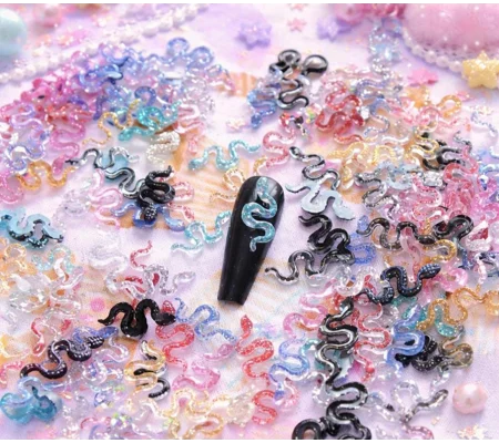 50 Pcs Mixed Tiny Glitter Resin Slippery Snakes Nail Art Charms Resin Craft DIY 16mm