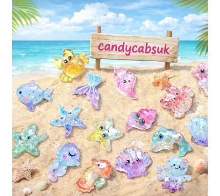 20 Pcs Under the Ocean Themed Glitter Resin Cabochons Crab Starfish Mermaid Shell Octopus