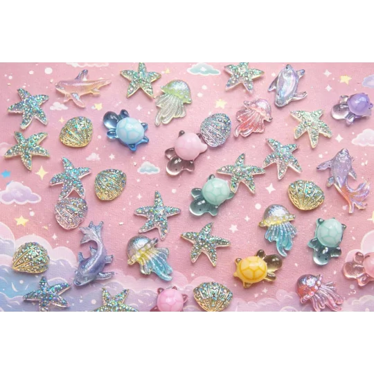 50 Pcs Mixed "under the sea" Tiny Mermaid Glitter Starfish Shells Jelly Fish Turtle Nail Art Charms