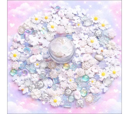 50 Pcs Mixed Tiny White Mix Bows Flowers Bear Shells Nail Art Charms Resin Craft DIY