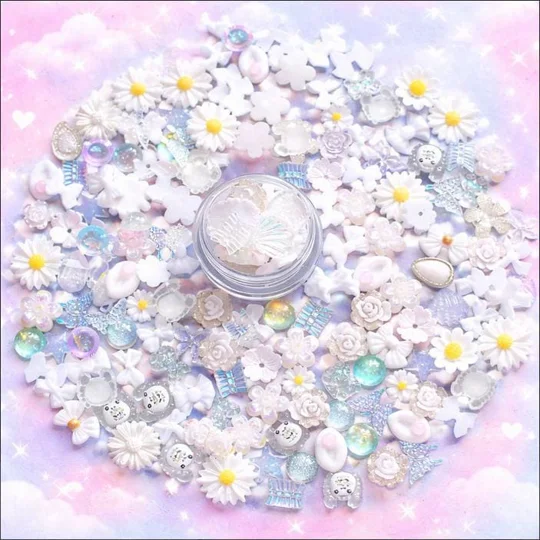 50 Pcs Mixed Tiny White Mix Bows Flowers Bear Shells Nail Art Charms Resin Craft DIY