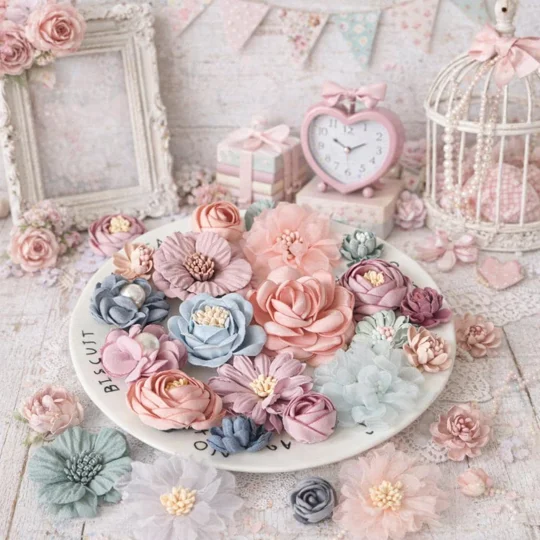 20 Pcs Smaller size Shabby Chic Pastel Faux Silk Satin Fabric Flowers