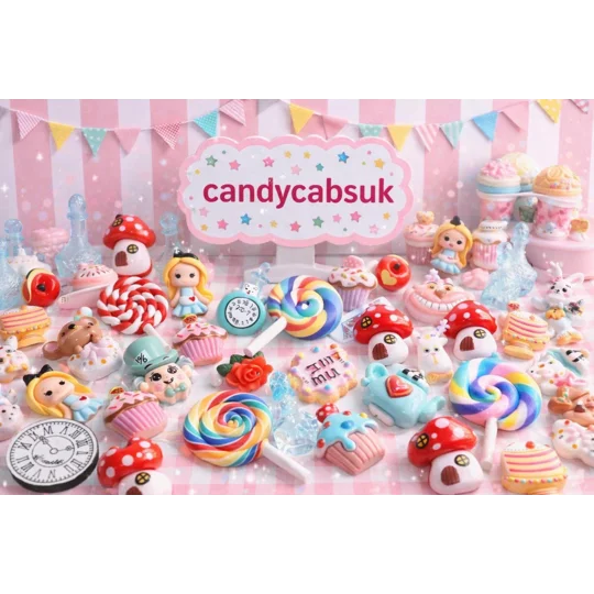 20pc Wonderland Mixed Resin Clay Wood Flatback & 3D Cabochons Craft Charms Playing Cards Eat Me Cake