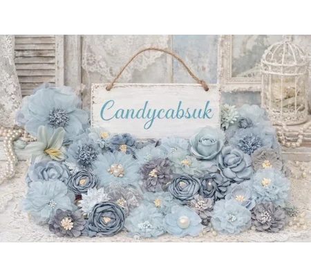 10 Pcs Blue Grey Green Colours Shabby Chic Faux Silk Satin Fabric Flowers