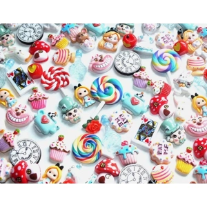 Wonderland Mixed Resin Clay Wood Flatback & 3D Cabochons Craft Charms Playing Cards Eat Me Cake Cat