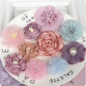 10 Pcs Colours/Designs Mix Shabby Chic Pastel Faux Silk Satin Fabric Flowers Design 1