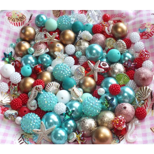50 Pcs Mermaid Mix Little Bubblegum Round Beads Starfish Shells 6mm-20mm Xmas Craft DIY Pen/Bracelet