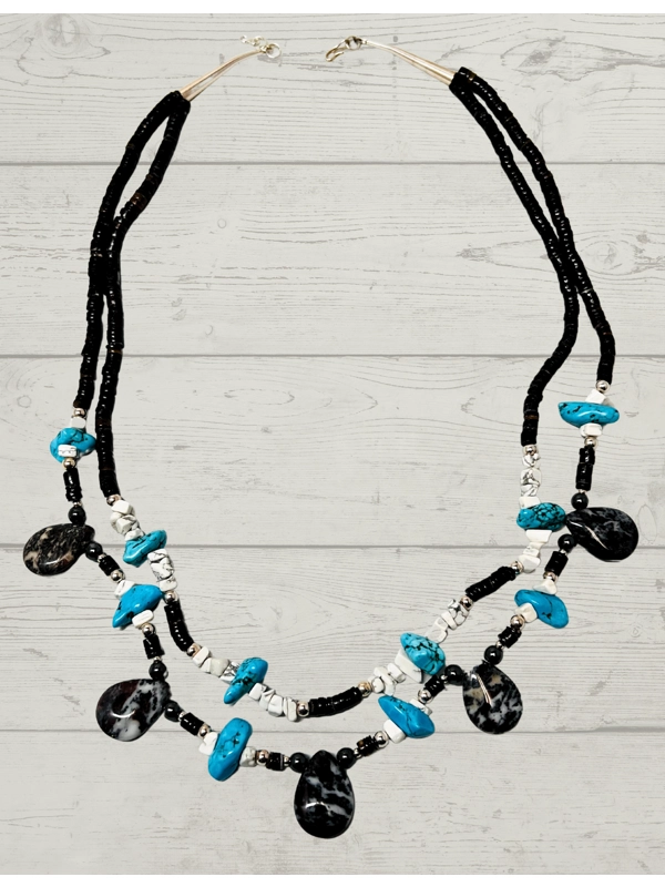 Native American Jewelry,Double Strand Turquoise and Shell Teardrop Necklace