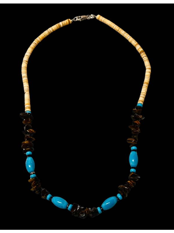 Native American Jewelry SIngle Strand Turquoise,Tiger Eye, and Shell Necklace