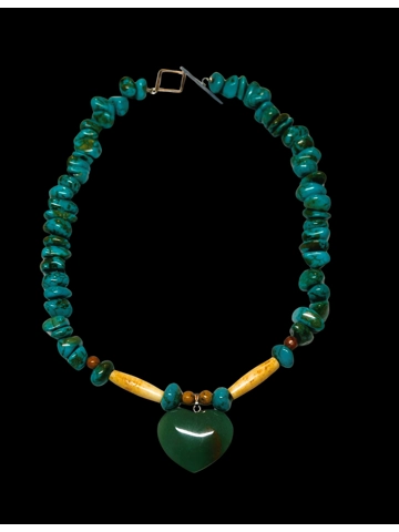 Native American Jewelry Single Strand Turquoise and Jasper Heart Necklace