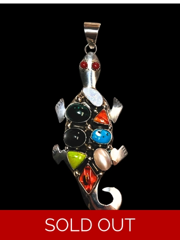 Native American Jewelry Sterling Silver Multi-Gemstone Lizard Pendant,