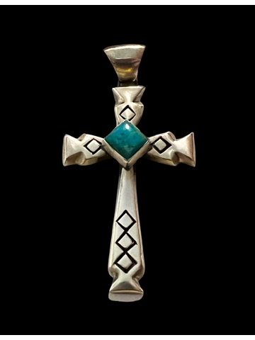 Navajo Native American Jewelry Sterling Silver Turquoise Cross Pendant