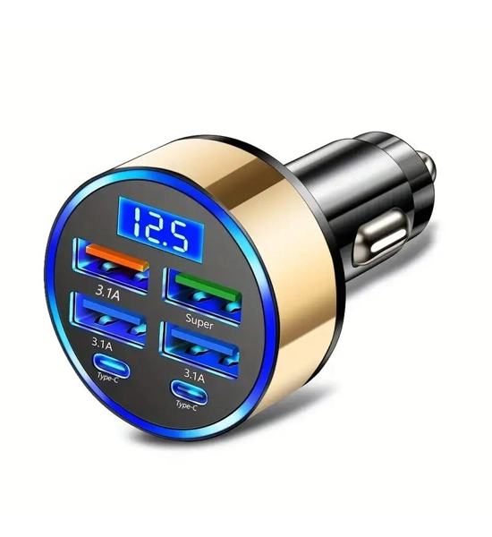 Car Charger with 2 Type-C charging/power ports and 4 USB Ports,