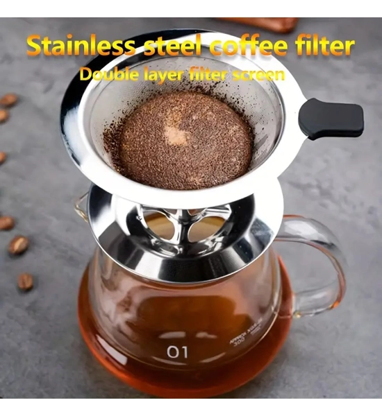 Pour Over Coffee Maker - Manual Reusable Stainless Steel Cone Filteration System