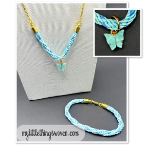 Butterfly Pendant & Necklace and Bracelet Set, Blue, Braid..