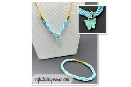 Butterfly Pendant & Necklace and Bracelet Set, Blue, Braided, Gold, Handmade