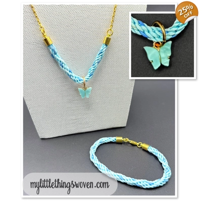 Butterfly Pendant & Necklace and Bracelet Set, Blue, Braided, Gold, Handmade