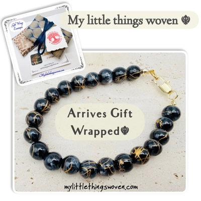 Black/Gold 8mm Round Opaque Glass Draw bench Style Beaded Bracelet, Gold Plated, Handmade Black/Gold 8mm Round Opaque Glass Draw bench Style Beaded Bracelet, Gold Plated, Handmade