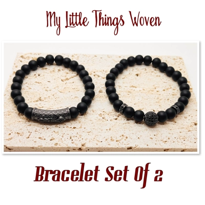 Men's Pave CZ Black 8mm Stone Beaded Bracelet with Chrystal Bail Charms