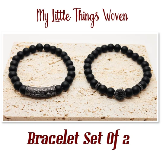 Men's Pave CZ Black 8mm Stone Beaded Bracelet with Chrystal Bail Charms