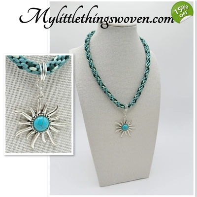 Turquoise Sun Star Pendant & Necklace Kumihimo Braid Cord Silver Plated