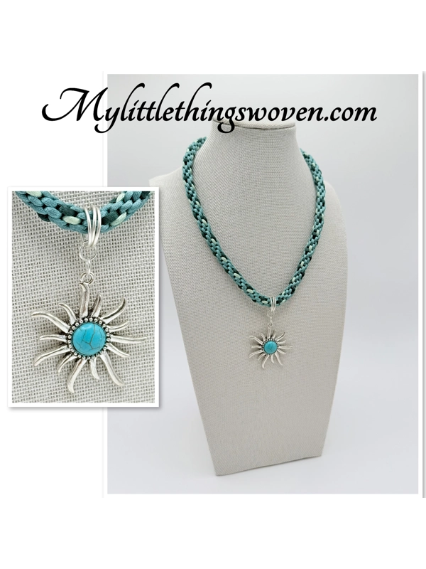 Turquoise Sun Star Pendant & Necklace Kumihimo Braid Cord Silver Plated