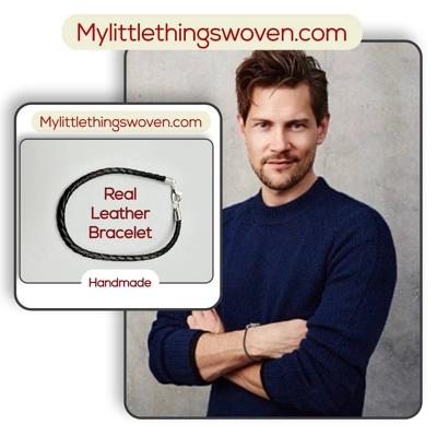 Men's Black Real Leather Braided Cord Bracelets, Silver Plated