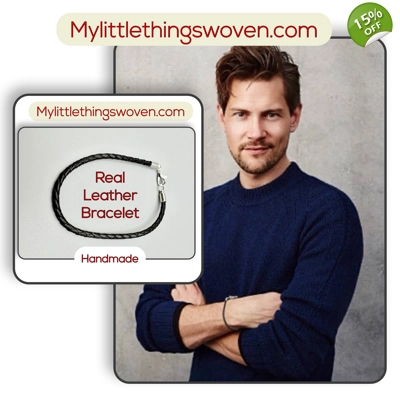 Men's Black Real Leather Braided Cord Bracelets, Silver Plated