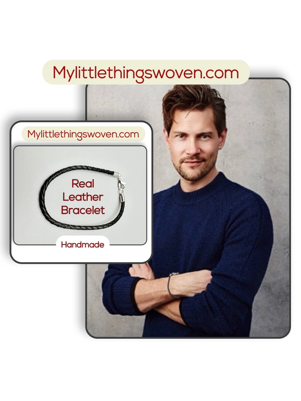 Men's Black Real Leather Braided Cord Bracelets, Silver Plated