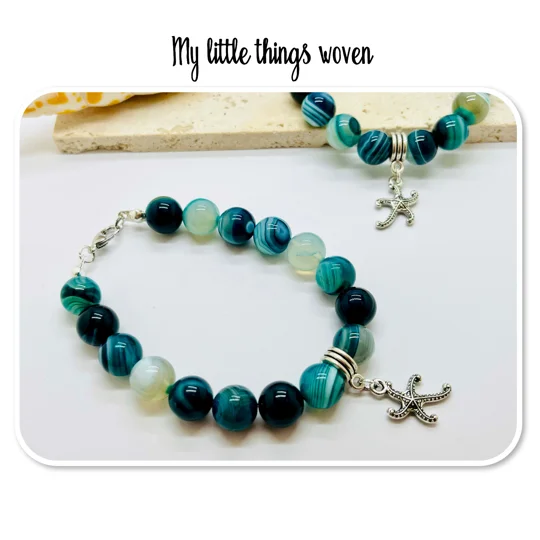 Blue natural stone striped agate beaded bracelet & starfish dangle charm silver