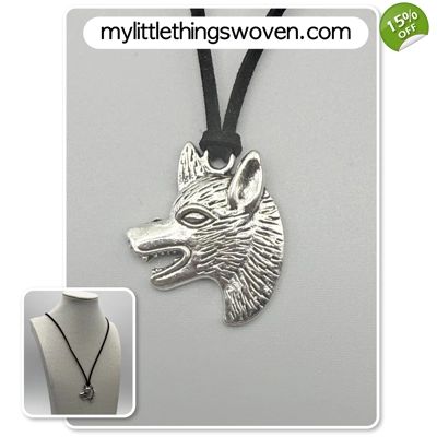 Men's Silver Wolf Head Pendant/Necklace - Real Leather Corded - Black