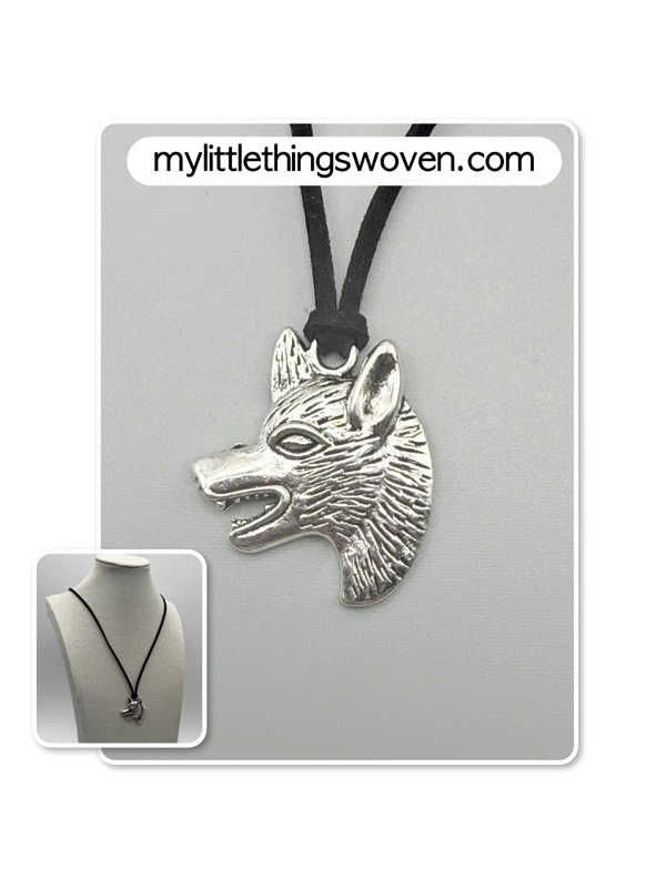 Men's Silver Wolf Head Pendant/Necklace - Real Leather Corded - Black