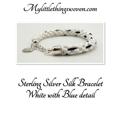 White & Blue Silk Braided Cord Bracelet Real Silver 925 "Made with love" Heart Dangle Charm White & Blue Silk Braided Cord Bracelet Real Silver 925 "Made with love" Heart Dangle Charm