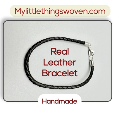 Men's Black Real Leather Braided Cord Bracelets, Silver Plated