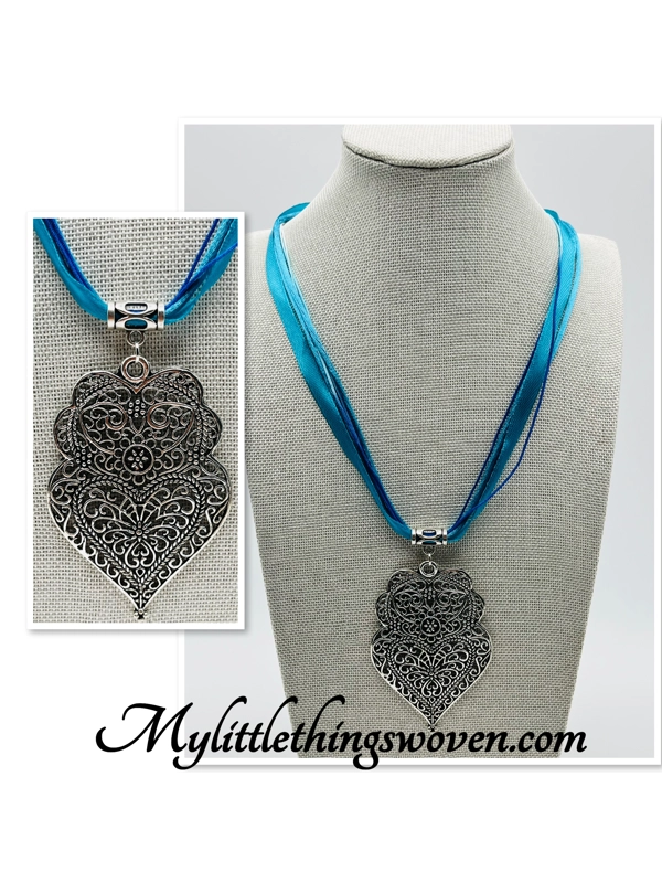 Heart Pendant & Necklace Blue Multi Stranded Adjustable, Silver