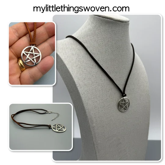 Men's Silver Pentagram Pendant/Necklace, Real Leather Cord - Choice of Colours,