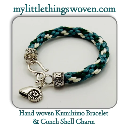 Teal Multicoloured Kumihimo Braided Bracelet with Silver Conch Shell Dangle Charm